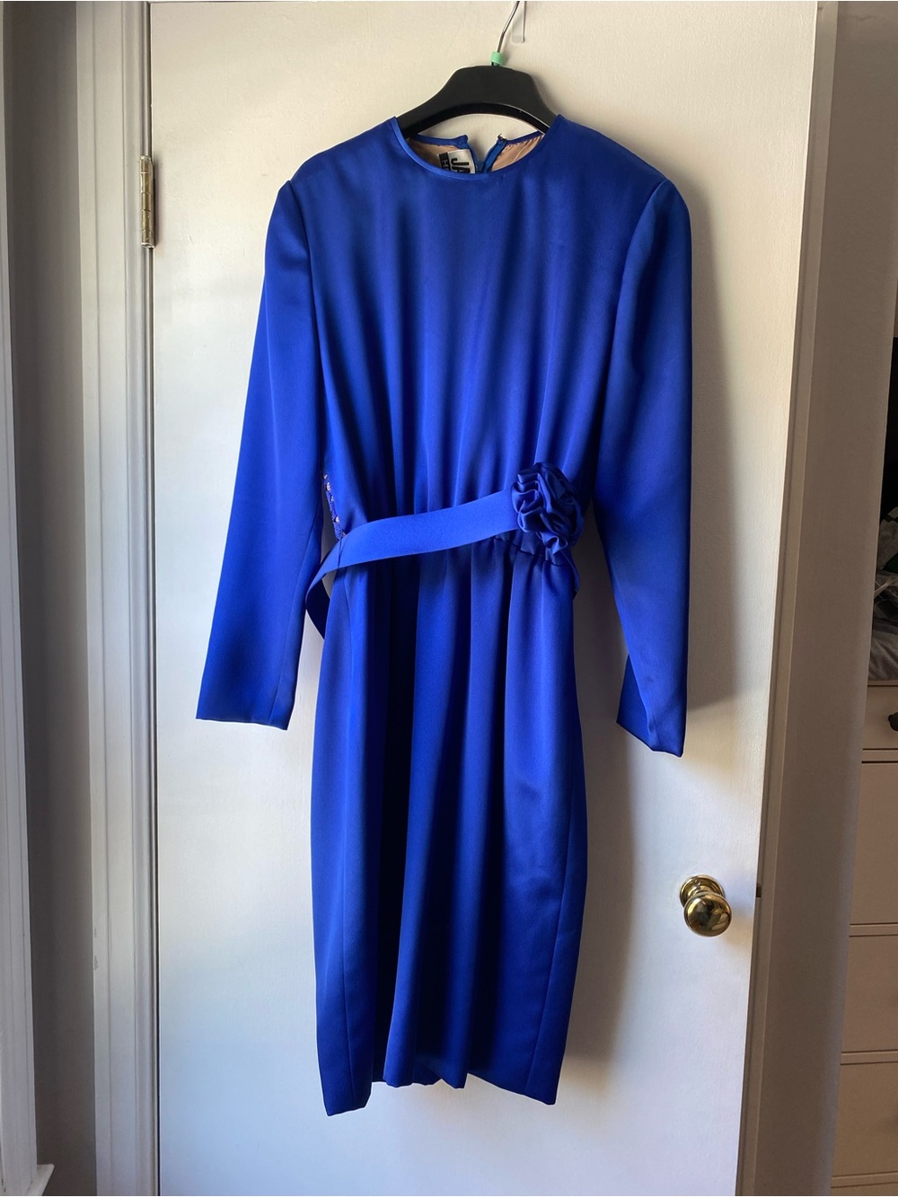 Vintage James Hogan Royal Blue Long-Sleeve Dress with Rosette Waist-original pwn